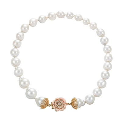 Lot 129 - Semi-Baroque Cultured Pearl Necklace with Carved Coral and Diamond Clasp