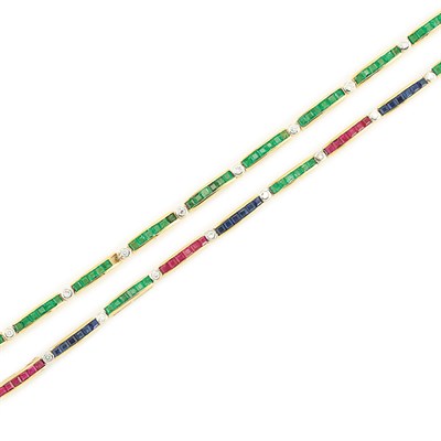 Lot 55 - Pair of Gold, Gem-Set and Diamond Bracelets