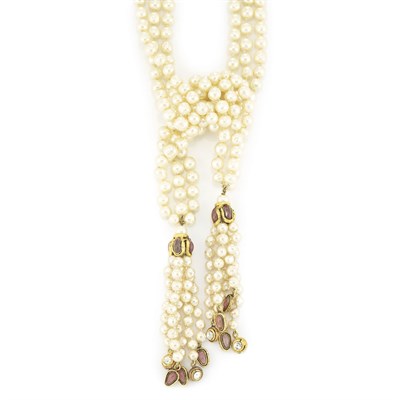 Lot 716 - Triple Strand Faux Baroque Pearl, Gilt, Rhinestone and Pink Stone Lariat, Chanel