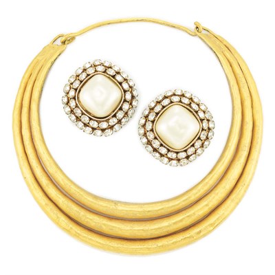 Lot 182 - Gold-Tone Metal Choker and Pair of Faux Pearl and Rhinestone Earclips, Dominique Aurientes