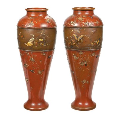 Lot 6 - Pair of Japanese Inlaid Bronze Vases Meiji...