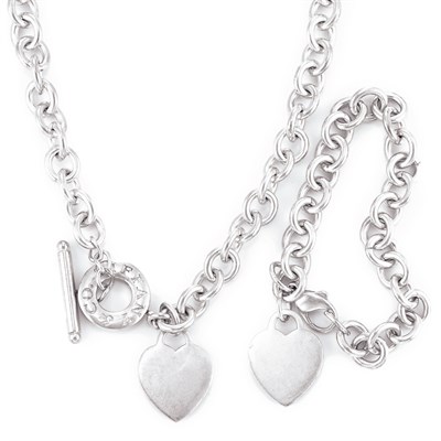 Lot 121 - Sterling Silver Link Necklace and Bracelet with Heart Charms, Tiffany & Co.