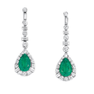 Lot 463 - Pair of Emerald and Diamond Pendant-Earrings