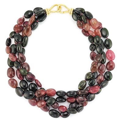 Lot 113 - Four Strand Pink Tourmaline and Tourmaline Bead Necklace with Gold Clasp, David Harris