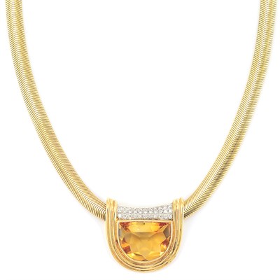 Lot 104 - Gold, Citrine and Diamond Pendant-Necklace