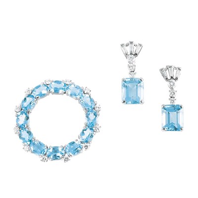 Lot 154 - Aquamarine and Diamond Circle Pin and Pair of Pendant-Earclips, Tiffany & Co.