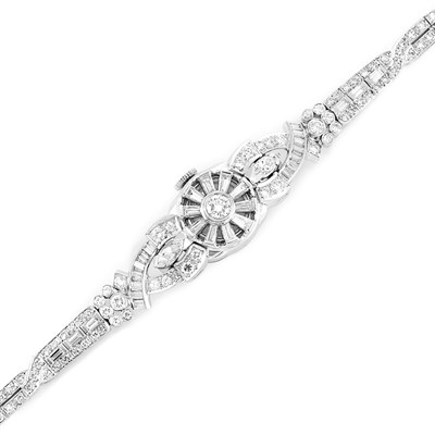 Lot 388 - Platinum and Diamond Bracelet-Watch, Hamilton