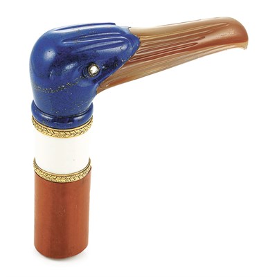 Lot 545 - Antique Gold, Silver, Lapis, Agate, Diamond and Guilloche White Enamel Cane Handle