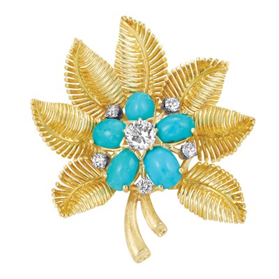 Lot 517 - Gold, Diamond and Turquoise Flower Clip-Brooch