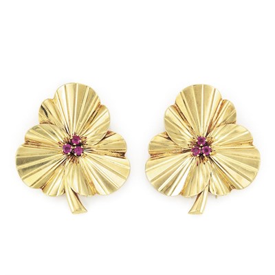 Lot 730 - Pair of Gold and Ruby Flower Clips
