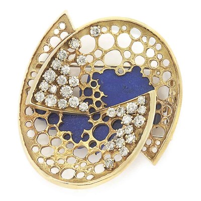 Lot 518 - Gold, Lapis and Diamond Clip-Brooch