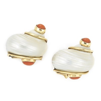 Lot 422 - Pair of Gold, Shell and Coral Earclips, Seaman Schepps