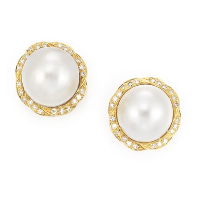 Lot 442 - Pair of Gold, Mabe Pearl and Diamond Earclips