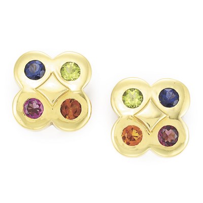 Lot 424 - Pair of Gold and Colored Stone Earclips