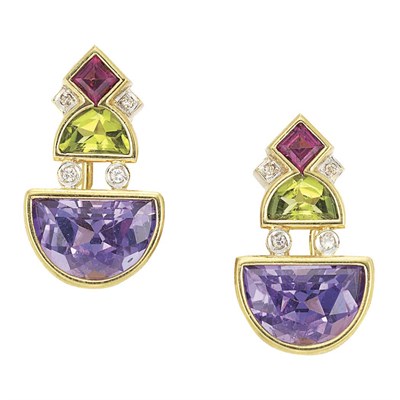 Lot 717 - Pair of Gold, Gem-Set and Diamond Earrings
