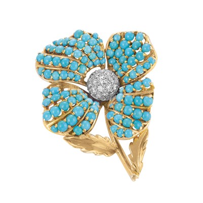 Lot 475 - Gold, Turquoise and Diamond Flower Brooch