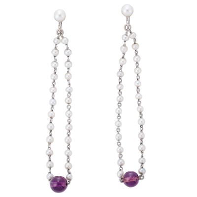 Lot 610 - Pair of Platinum, Pearl and Amethyst Bead Pendant-Earrings