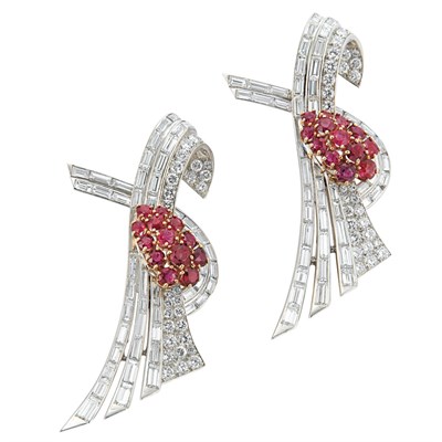 Lot 447 - Pair of Platinum, Gold, Diamond and Ruby Brooches
