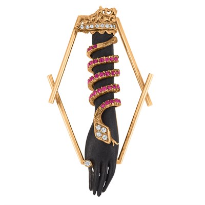 Lot 410 - Gold, Carved Ebony, Ruby and Diamond Hand Brooch, Nardi