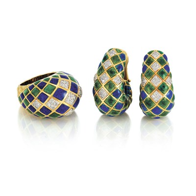 Lot 379 - Gold, Platinum, Enamel and Diamond Ring and Pair of Half-Hoop Earclips, David Webb