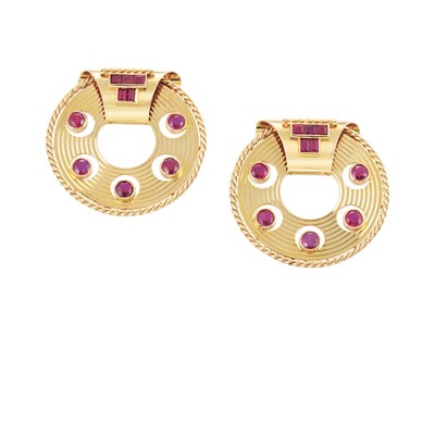 Lot 435 - Pair of Gold and Ruby Clips