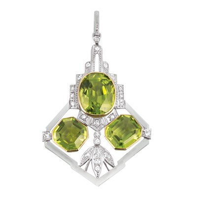 Lot 147 - Art Deco Two-Color Gold, Peridot and Diamond Pendant