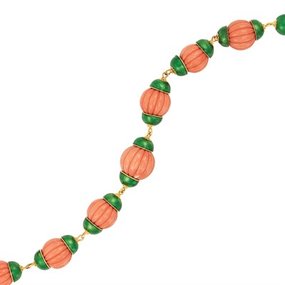 Lot 381 - Gold, Fluted Coral Bead and Green Enamel Bracelet
