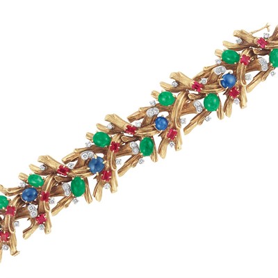Lot 423 - Gold, Platinum, Cabochon Emerald and Sapphire, Synthetic Ruby and Diamond Bracelet, David Webb