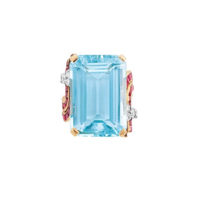 Lot 57 - Rose Gold, Aquamarine, Ruby and Diamond Ring