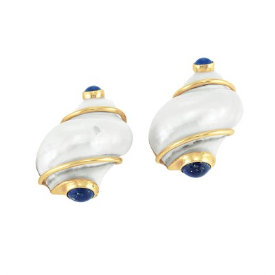 Lot 127 - Pair of Gold, Shell and Lapis Earclips, Seaman Schepps