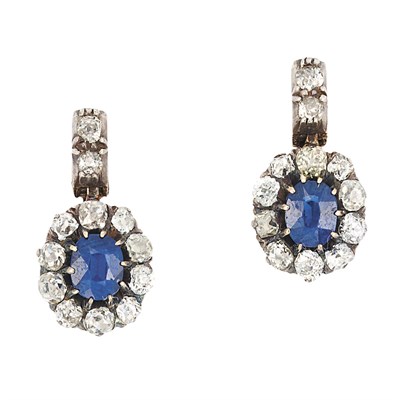 Lot 409 - Pair of Antique Sapphire and Diamond Pendant-Earrings