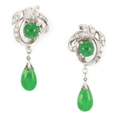Lot 770 - Pair of Platinum, Jade and Diamond Pendant-Earclips