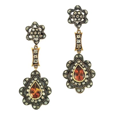 Lot 502 - Pair of Silver, Gold, Citrine and Diamond Pendant-Earrings