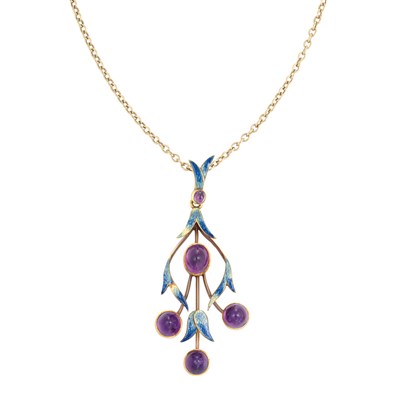 Lot 640 - Art Nouveau Gold, Enamel and Cabochon Amethyst Pendant with Chain
