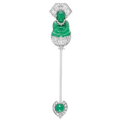 Lot 581 - Art Deco Platinum, Gold, Carved Green Onyx and Diamond Jabot