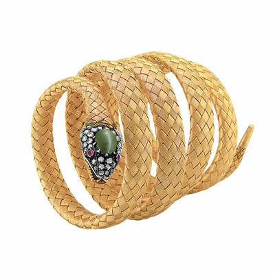 Lot 638 - Antique Gold, Silver, Diamond and Cat's-Eye Mesh Serpent Bracelet