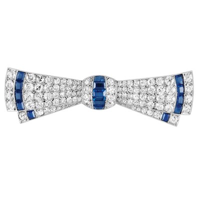 Lot 236 - Art Deco Platinum, Diamond and Sapphire Bow Brooch