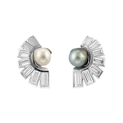 Lot 253 - Pair of Platinum, Gray and White Cultured Pearl and Diamond Earrings
