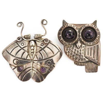 Lot 114 - Two Sterling Silver and Cabochon Amethyst Brooches, Spratling