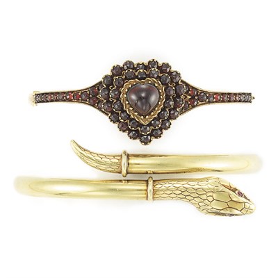 Lot 640 - Gold Snake Bangle and Gold-Filled and Garnet Bangle
