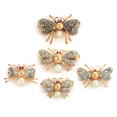 Lot 589 - Five Gold, Platinum, Cultured Pearl and Diamond Insect Pins