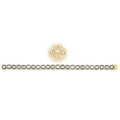 Lot 358 - Indian Gold, Silver and Foiled-Back Diamond Bracelet and Gold and Diamond Pin