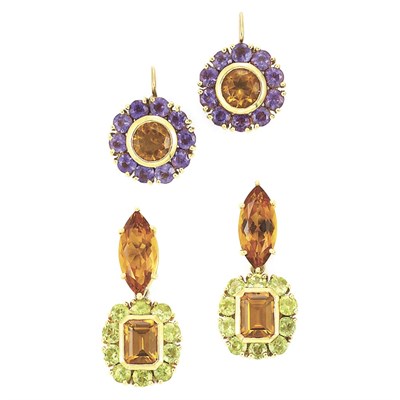 Lot 462 - Two Pairs of Gold and Colored Stone Earrings