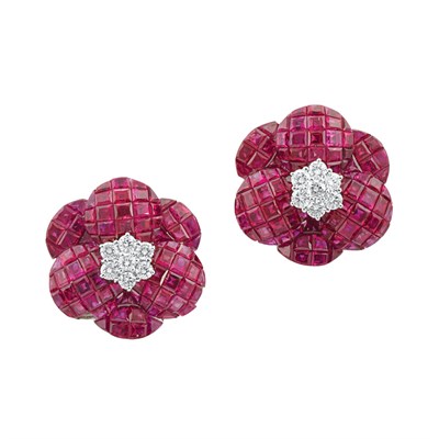 Lot 336 - Pair of Invisibly-Set Ruby and Diamond Flower Earclips