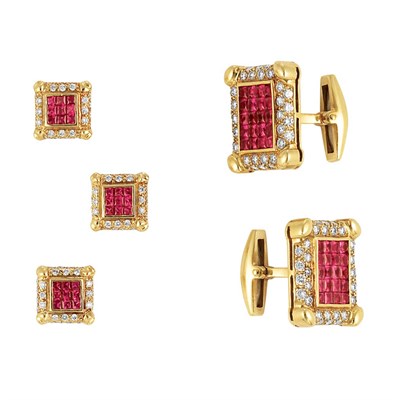 Lot 66 - Gold, Invisibly-Set Ruby and Diamond Dress Set
