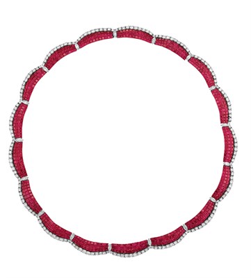 Lot 334 - Gold, Platinum, Invisibly-Set Ruby and Diamond Necklace