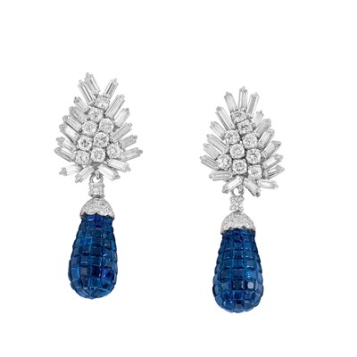 Lot 554 - Pair of Platinum, Diamond and Invisibly-Set Sapphire Pendant-Earrings