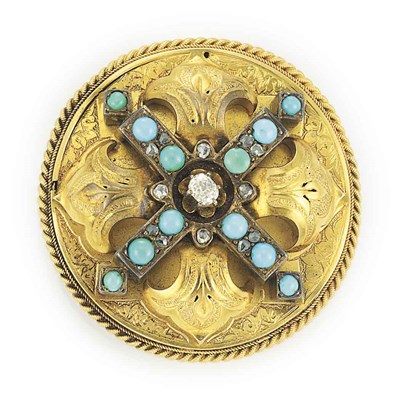 Lot 720 - Antique Gold, Turquoise and Diamond Pendant-Brooch