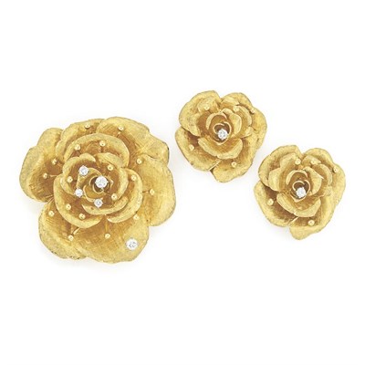 Lot 786 - Gold and Diamond Flower Brooch and Pair of Earclips