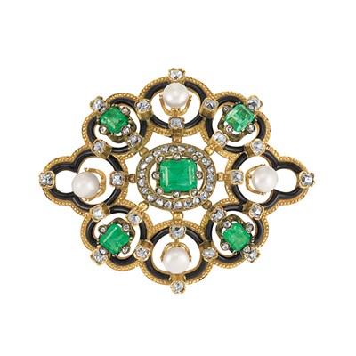 Lot 53 - Antique Gold, Emerald, Button Pearl and Diamond Brooch